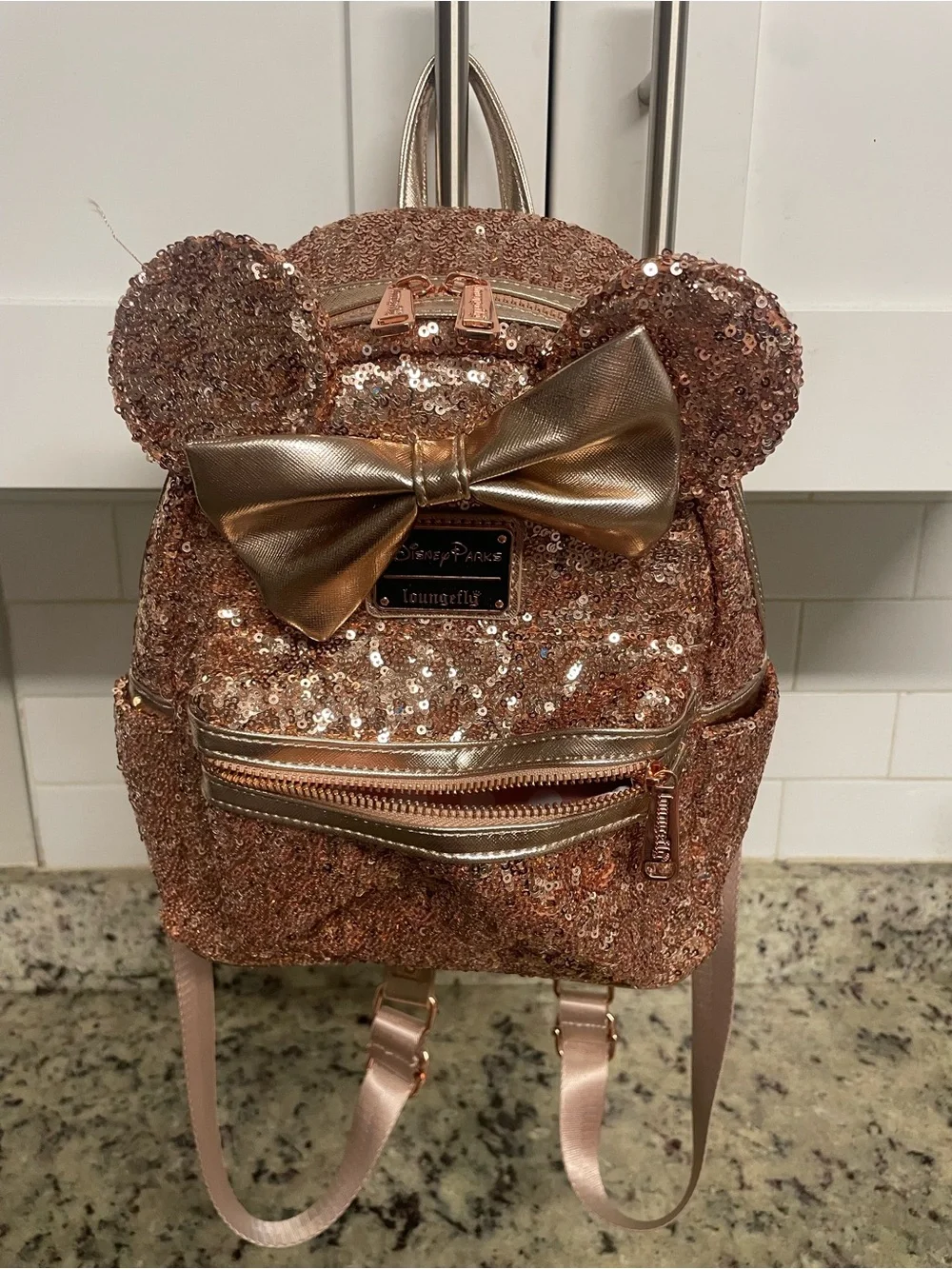 Disney Parks Loungefly Rose Gold Sequined Minnie Mouse Mini Backpack collectible